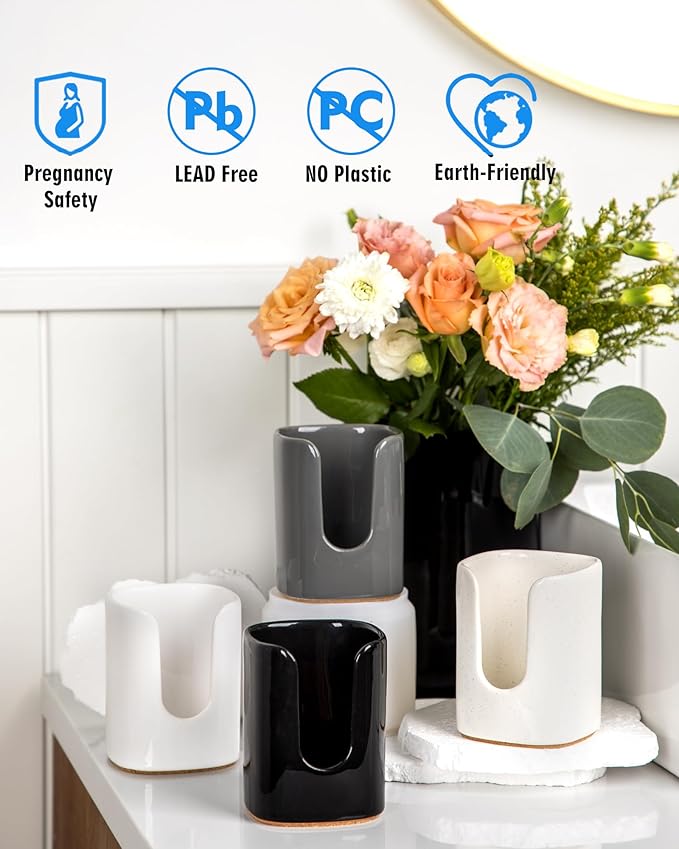 5 oz Square Ceramic Bathroom Cup Dispenser for Kids and Pregnancy - Disposable Paper Cup Holder for Mouthwash Cups on Bathroom Vanity Countertop (2 Pack, White)