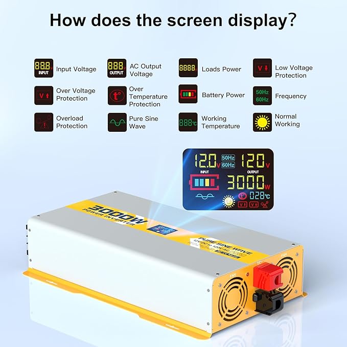 XWJNE 3000W Pure Sine Wave Power Inverter 12V DC to 120V GFCI AC Converter with LCD Display and Remote for Home, RV, Truck, Off-Grid Solar Power