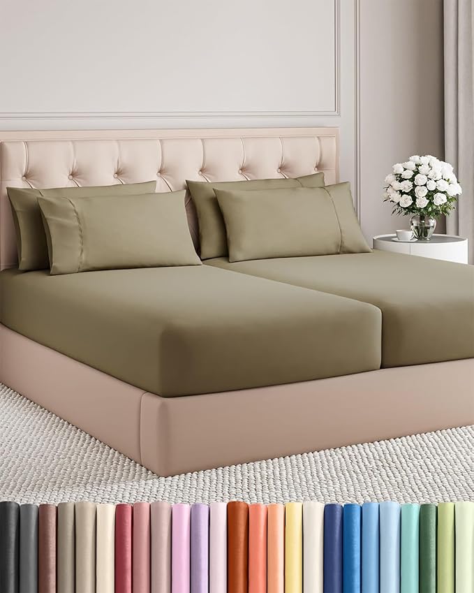 Split King 7 Piece Sheet Set - Cooling & Breathable - Hotel Luxury Bedding - Includes Fitted Sheets for Women, Men, Kids and Teens - 1 Flat, 2 Fitted Sheets, 4 Pillowcases with Deep Pockets - Khaki