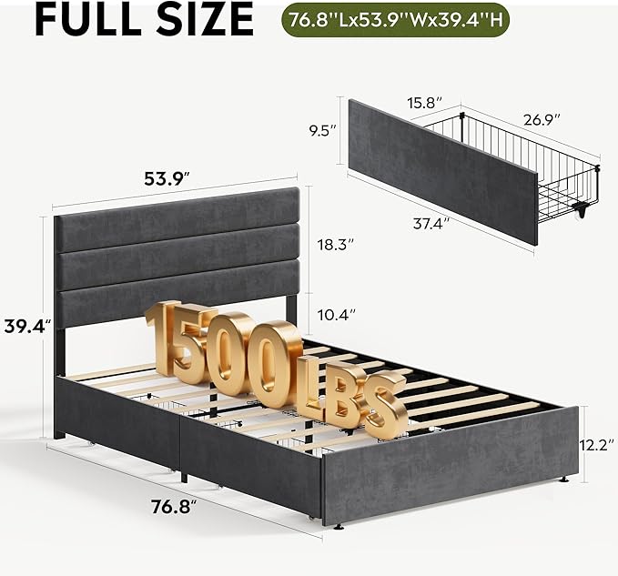 WLIVE Full Size Upholstered Bed Frame with 4 Storage Drawers and Headboard, Velvet Platform Bedframe, Sturdy Metal & Wooden Slats Support, No Box Spring Needed, Easy Assembly, Dark Grey