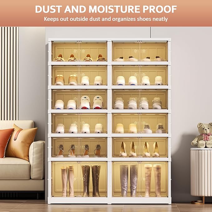 Shoe Rack Organizer for Closet Entryway Foldable Sneaker Storage Shoe, Collapsible Shoe Cabinet, Stackable Shoe Storage Cabinet with Lids for Living Room (6 Tiers 24 Pairs)