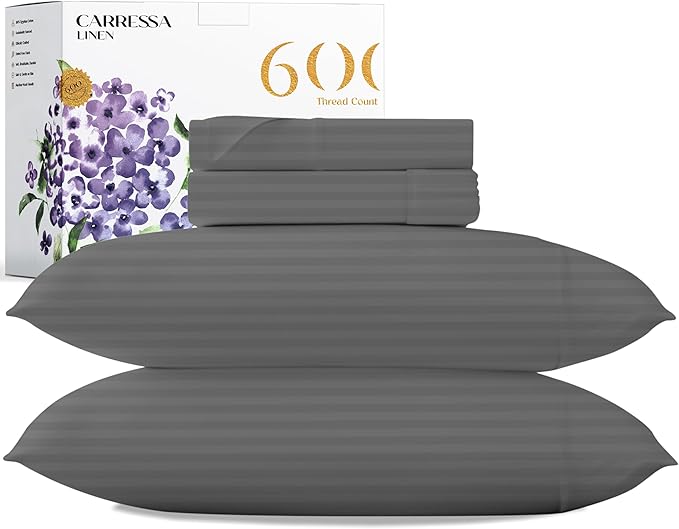 Carressa Linen Luxury Egyptian Cotton California King Stripe Sheet Set, 600 Thread Count Extra Long Staple 4 PC Set, Cal King Stripe Sheets, Soft, Cooling Striped Sheets 16 in Deep Pocket - Dark Grey