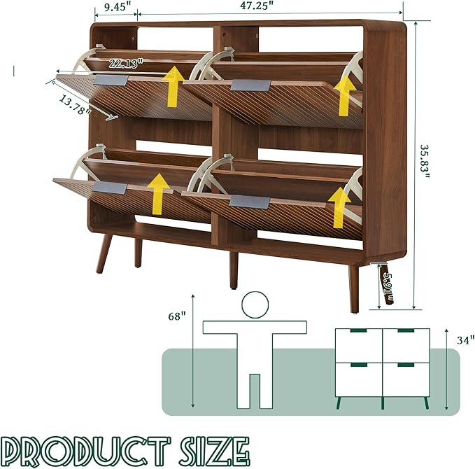 47" Fluted Large Shoe Cabinet with 4 Flip Drawers, Slim Freestanding Shoe Cabinet Organizer, Narrow Shoes Storage Rack for Entryway, 5 Sturdy Legs (All Walnut, 9.45" D x 47.24" W x 35.83" H)