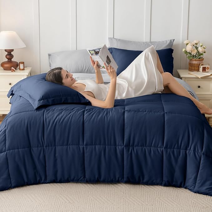 JOLLYVOGUE Queen Comforter Set, Ultra-Soft Bed in a Bag Queen Size 7 Pieces, Oeko-TEX Certified Bedding Set with Down Alternative Comforter, Sheets, Pillowcases & Shams, Navy Blue & Light Grey