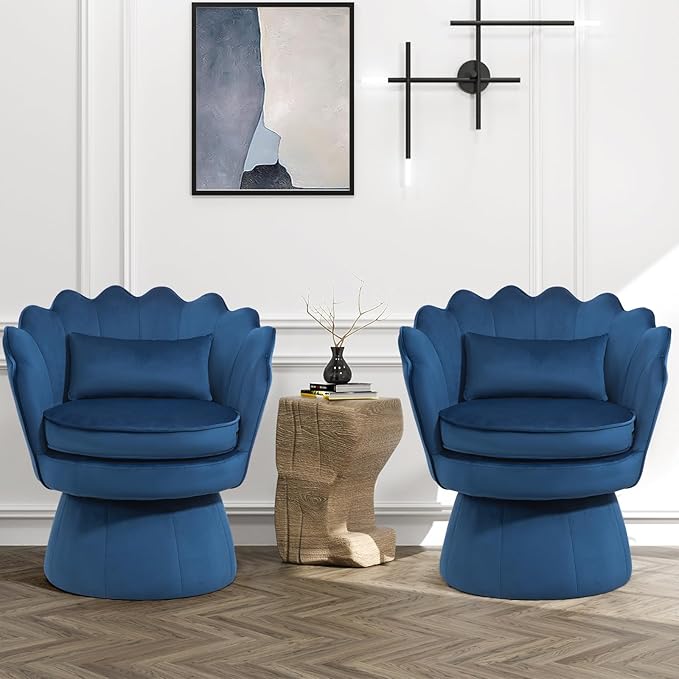360° Swivel Accent Chairs Set of 2, Mid-Century Modern Velvet Barrel Chair, Comfy Shell Shape Arm Chair with Lumbar Pillow for Living Room, Bedroom, Office, Dark Blue