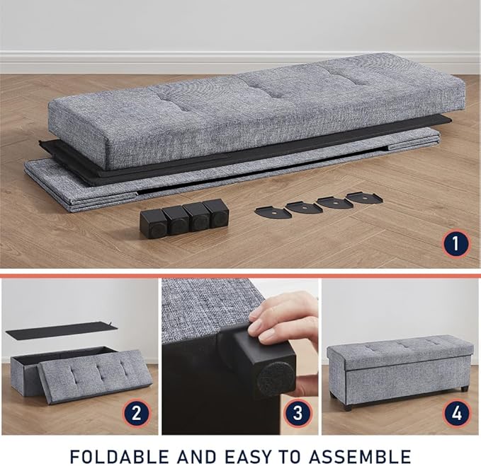 Ornavo Home 43 Inch Storage Ottoman, Large Storage Bench, Ottoman with Storage with Legs, Foot Rest Stool, Bedroom Bench - Gray