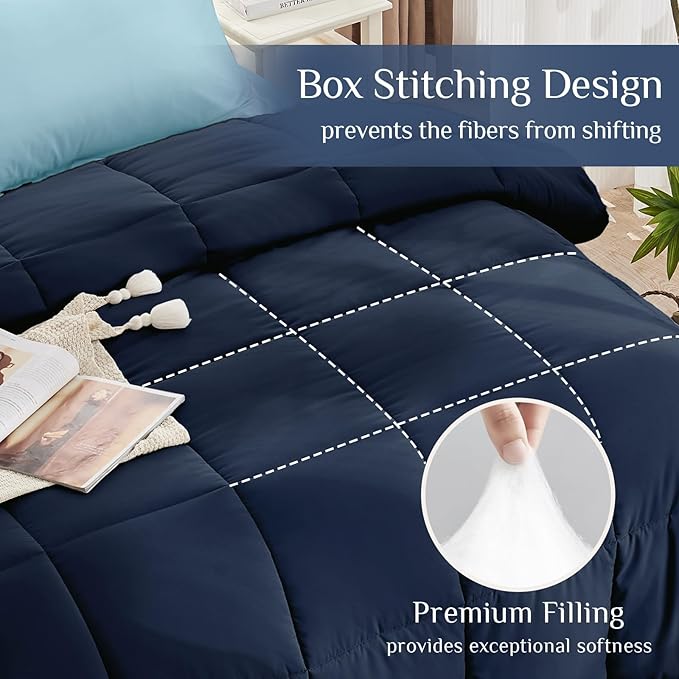 JOLLYVOGUE Twin Comforter Set, Ultra-Soft Bed in a Bag Twin Size 5 Pieces, Oeko-TEX Certified Bedding Set with Down Alternative Comforter, Sheets, Pillowcases & Shams, Navy & Light Blue
