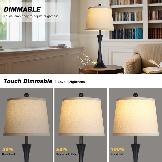 27.5" Black table Lamps for Living Room, Touch Control 3-Way Dimmable Bedside Nightstand Lamps Bedroom Lamp,Modern Black Table Lamp with USB A+C Ports,Tall Lamps for Living Room End Table（1Pack）