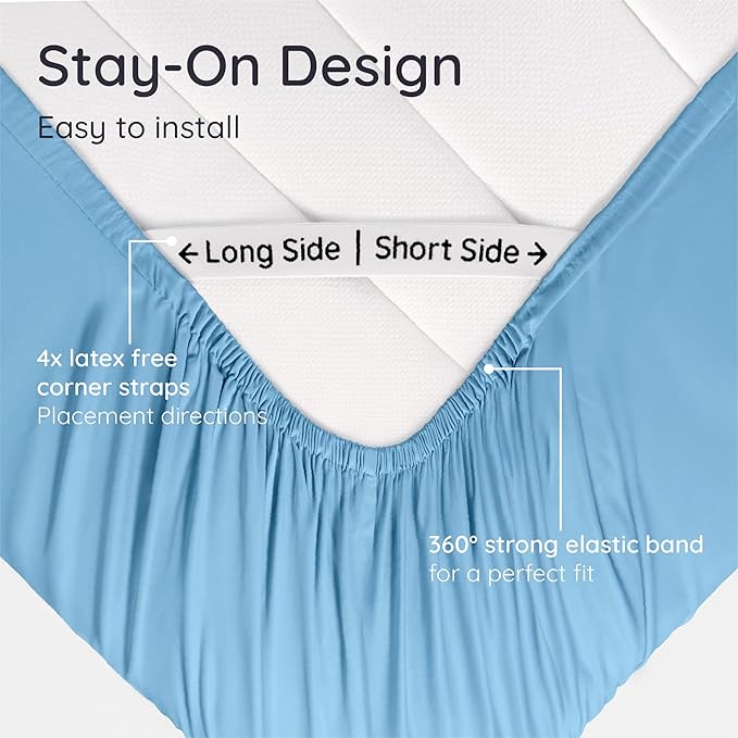 Bambaw 100% Viscose Derived from Bamboo Fitted Sheet Only, Cooling Fitted Sheet with Elastic Corner Straps, 15’’ Deep Pocket Full Size Fitted Sheets Only, Soft Full Bottom Sheets Only (Dream Blue)