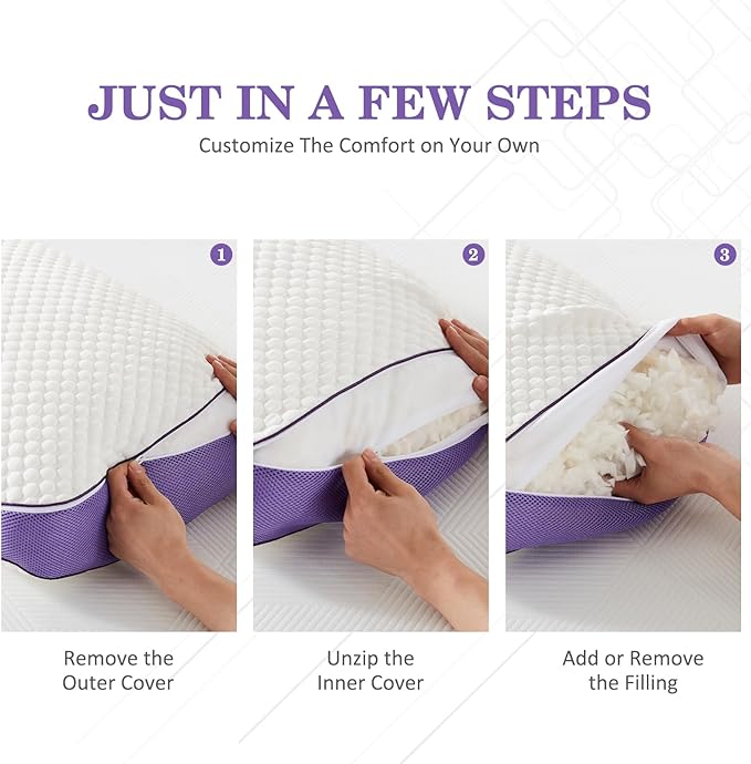 HOMELAB Adjustable Shredded Memory Foam Pillows Queen Size, Cooling Bed Pillows for Sleeping with Removable Cover, Medium Pillows for Side Stomach & Back Sleepers, 2 Packs 20"x28"