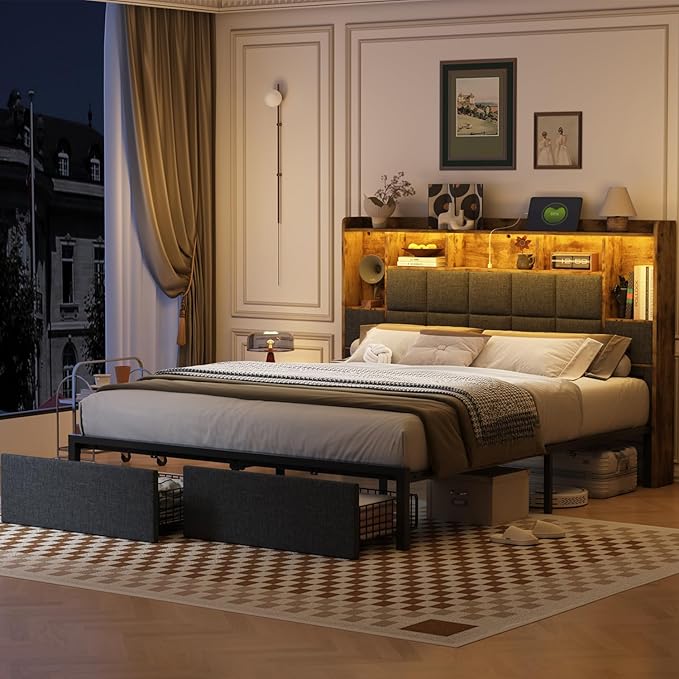 LED Bed Frame Full Size with Bookshelf Headboard, 2 Hidden Storage Drawers, Upholstered Platform Metal Bed Frame with Charging Station, Metal Slats Support, Noise Free, No Box Spring Needed