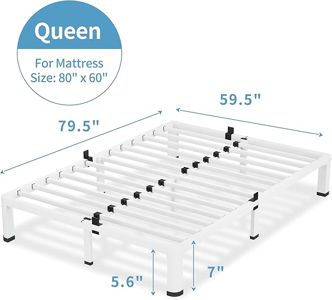 7 Inch White Queen Bed Frame, 3500Lbs Heavy Duty Metal Platform with Round Corner Legs Mattress Slide Stopper, Steel Slat Support No Box Spring Needed, Noise Free, Non-Slip, Easy Assembly