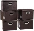 PRANDOM Foldable Storage Bins with Lids [5-Pack] Leather Fabric Collapsible Storage Boxes Organizer Containers Baskets Cube with Cover for Bedroom Closet Office Nursery Brown (14.9x10.8x10)