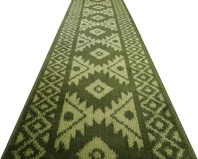 Custom Length Hallway Runner Rug,Slip Resistant,Southwestern Green, 26 Inch X 26 feet, Sold and Priced Per Foot