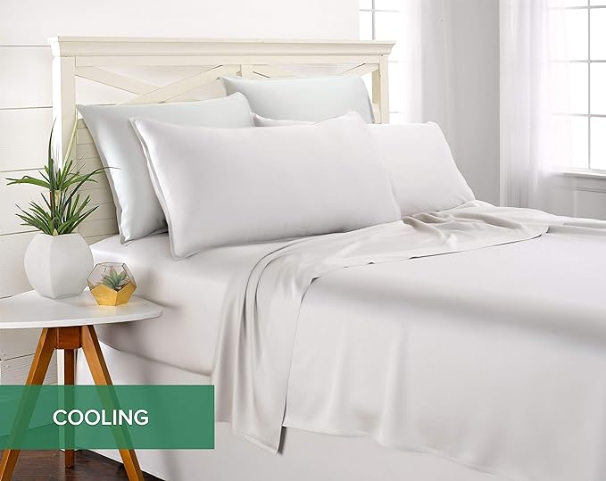 Pure Bamboo Split King Sheets, Genuine 100% Organic Viscose Derived from Bamboo Bed Sheet Set, Soft & Cooling, Double Stitching, 2 Fitted Sheets (Split King, White)