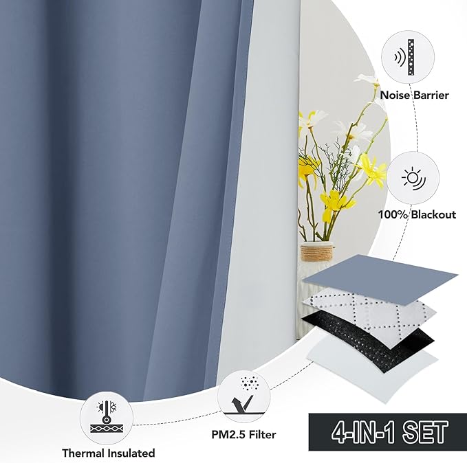 RYB HOME Soundproof & Dust Particle Filtering Curtains Blackout Window Treatment for Bedroom Living Room Divider Nursery Daytime Sleeping Patio Door, Stone Blue, W52 x L 108 inch, 2 Panels