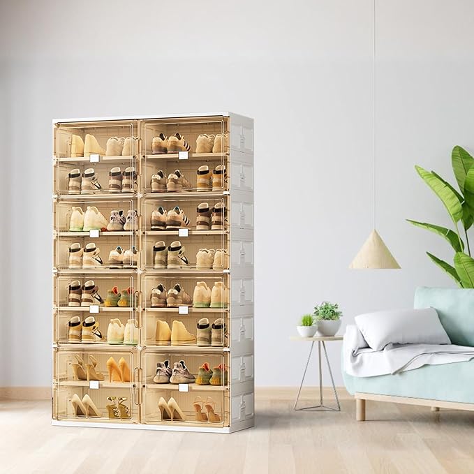 32 Pairs Shoes Storage Cabinet of 3-Step Fast Installation,Plastic Shoe Rack with Clear Magnetic Door for Display, Shoe Organizer for Sneaker, Sandals, Heels (2 Row, 8 Tier)