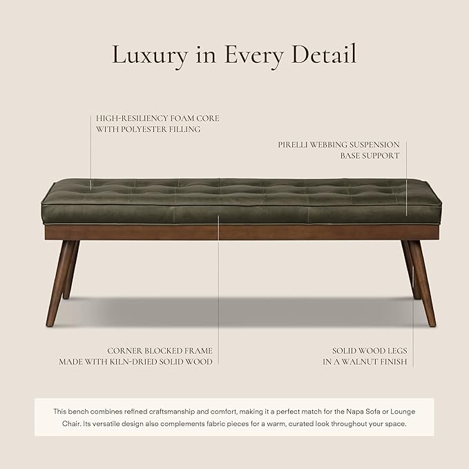 POLY & BARK 55" Tufted Leather Bed Bench for Bedroom End of Bed - Living Room Entry Way Bench - Pure Italian Leather Upholstery with a Solid Wood Frame - Ottoman Bench with Wooden Legs - Olivine Green