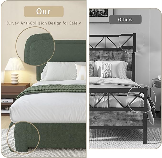 BarnFurin Queen Bed Frame with Headboard, Boucle Upholstered Platform Bed with Wood Slats, Soft Rounded Corners, No Box Spring Required, Easy Assembly, Green