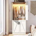75" Tall Farmhouse 2 Doors Armoire Wardrobe Closet with LED,Freestanding Closet Wardrobe Cabinet for Bedroom with Hanging Rod,Wooden Armoire Storage Cabinet Adjustable(Rustic Off White)