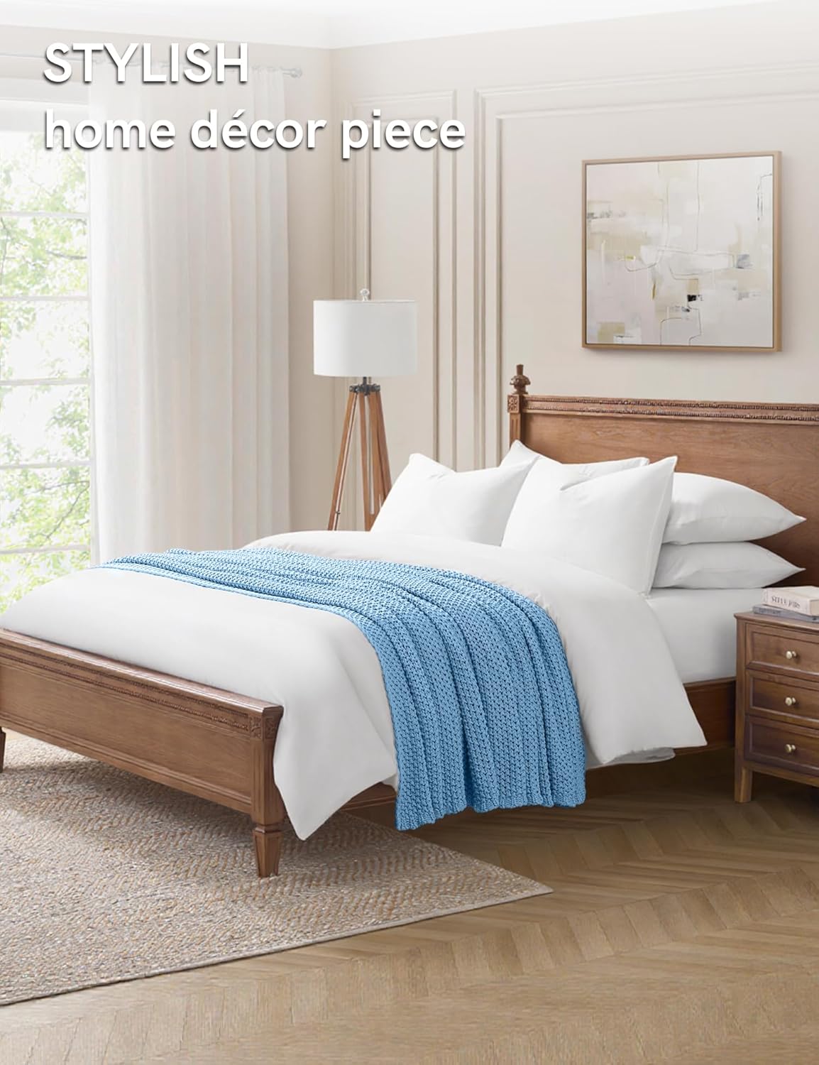 YnM Chunky Cotton Knit Throw Blanket, Cable Knit Throws for Bed Couch Sofa, Comfy & Relaxing, Decorative Piece for Farmhouse Modern Boho Rustic Scandinavian Chic Vibe, Aqua Blue 50x60 Inches