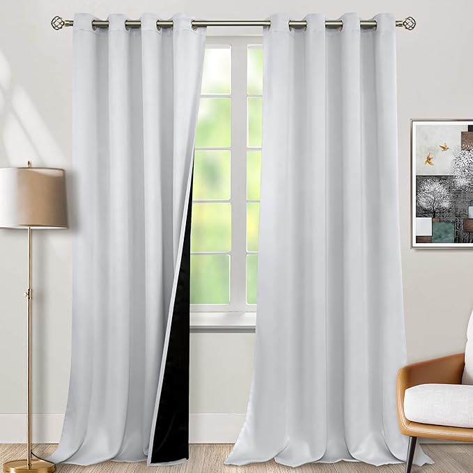 BGment Greyish White 100% Blackout Curtains 108 Inch Long 2 Panles Set, Thermal Insulated Total Light Locking Soundproof Grommet Curtains & Drapes for Living Room with Black Liner, 52 Inch Wide Each