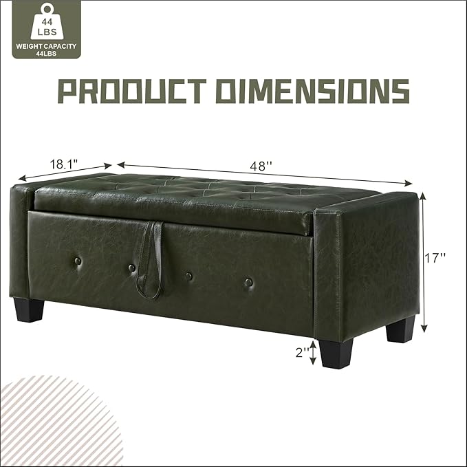 48" Storage Ottoman Bench, Upholstered Button-Tufted End of Bed Bench with Soft-Close Hinge & Solid Wood Legs, Foot Rest for Living Room, Bedroom, Hallway (Faux Leather, Dark Green)