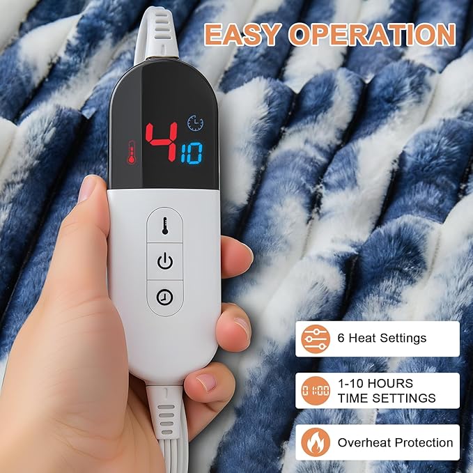 Heated Blanket Queen - 84"x90" Dual Control Bed Electric Blankets with 6 Heating Levels & 10 Hours Auto Off, Soft Ribbed Faux Fur Sherpa, Over-Heated Protection ETL, Navy Blue