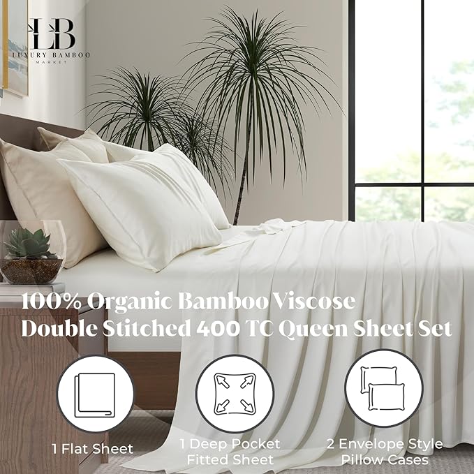 Luxury Bamboo Market | Queen Size Bed Sheet Set | 100% Viscose Made from Bamboo | Organically Grown | Ultra Soft | Cooling Sheets for Hot Sleepers | 17" Deep Pocket [Opulent Ivory]