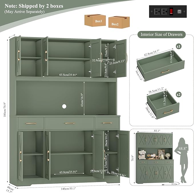 HOSTACK 71" Tall Pantry Cabinet with Charging Station, 55" Wide Kitchen Pantry Storage Cabinet with Countertop, Large Kitchen Hutch with Storage Drawers and Doors for Dining Room, Living Room, Green