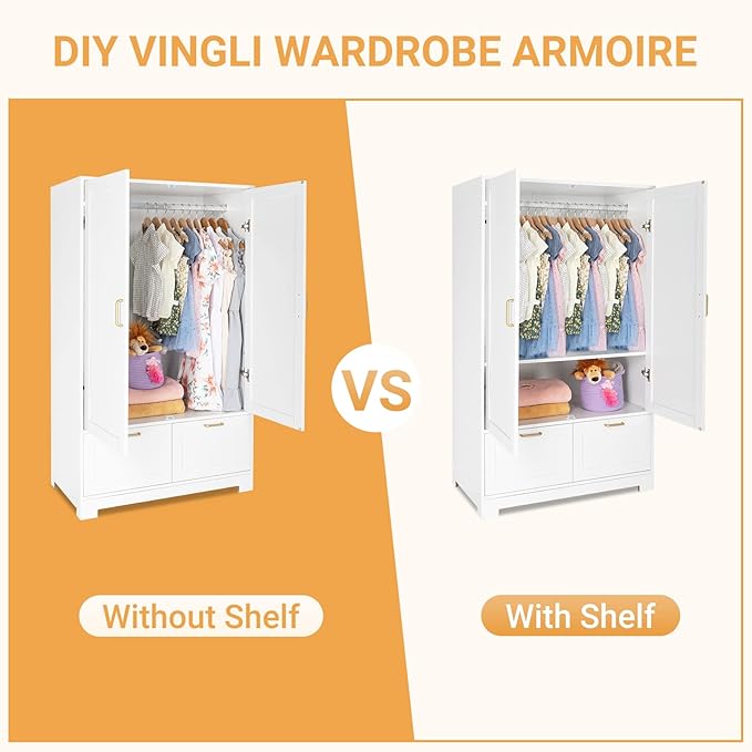 VINGLI Armoire Wardrobe Closet with Doors and Drawers, Wardrobe Cabinet, Armoire with Drawers, White Closet, 35" W x 20" D x 60" H