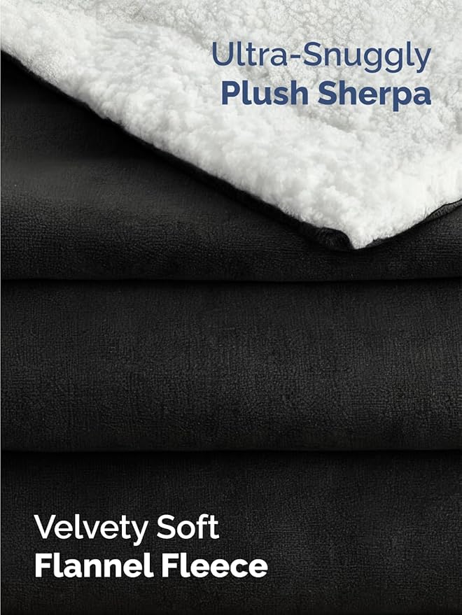 Sherpa Fleece Blanket Queen Size - Reversible Sherpa Fleece Queen Blanket - Super Soft Double Sided for Bed, Sofa, Couch - Thick, Warm, Fuzzy & Plush - Luxurious Bedding for Winter - Black, 90" x 90"