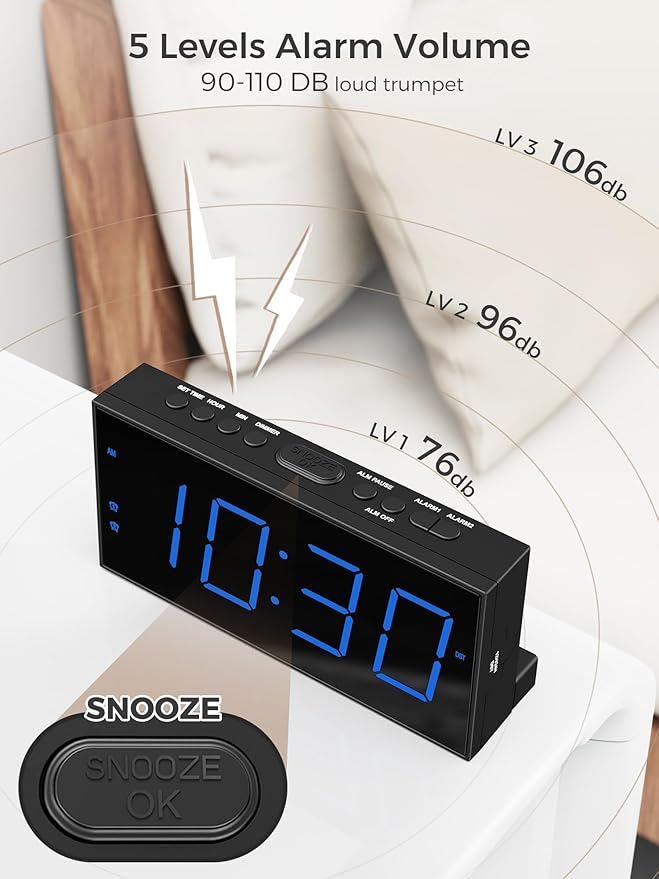 Digital Dual Alarm Clocks for Bedrooms, Large Big Numbers Display Electric Alarm Clock with Battery Backup, USB Port, Adjustable Alarm Volume, Dimmer, Easy to Set LED Desk Clock with Adapter Powered
