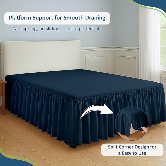 Rajlinen Ruffled Bed Skirt Queen, 21 Inch Drop Dust Ruffle with Split Corners, 100% Microfiber Bedskirt with Platform, Three-Sided Coverage Ruffled Gathering Design, Navy Blue