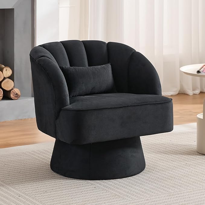 GarveeHome Modern Swivel Barrel Accent Chair, 360 Degree Velvet Upholstered Armchair with Striped Backrest & Plush Padding, Comfy Round Lounge Chair for Living Room, Bedroom, Reading Nook, Black