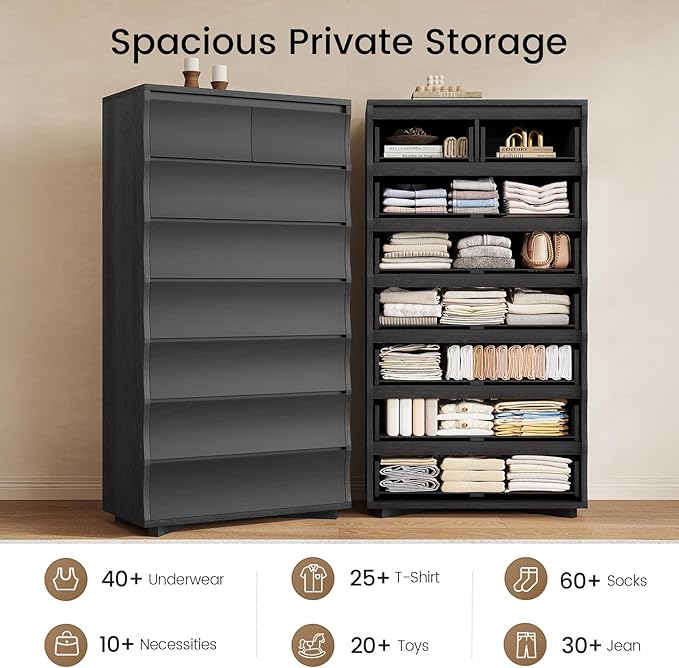 Black Tall Dresser for Bedroom, 61.1" Tall Dresser with 8 Drawers, Wood Dressers & Chests of Drawers, Accent Upright Drawer Organizers for Closet, Hallway