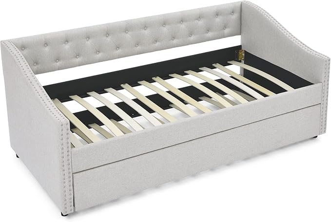 Favfurish Upholstered Twin Size Daybed with Twin Trundle, Solid Wooden Sofa Bed Frame w/Button Tufted Backrest and Copper Nail on Waved Shape Arms, No Spring Box Need, Space-Saving Design