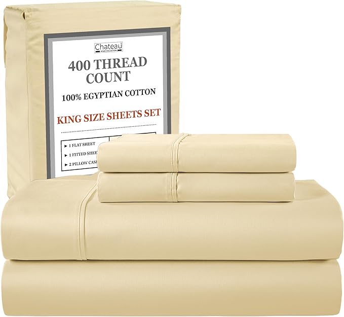 King Sheets Deep Pocket King Sheet Set, 100% Cotton Bed Sheets, 400 Thread Count 4 Pc Sateen Weave Luxury Bedding Sheet & Pillowcase Sets, Soft & Comfy Naturally Cool, No Pill Machine Washable- Ivory