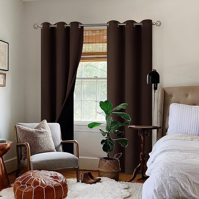 BGment Thermal Insulated 100% Blackout Curtains for Bedroom with Black Liner, Double Layer Full Room Darkening Noise Reducing Grommet Curtain (42 x 84 Inch, Brown, 2 Panels)