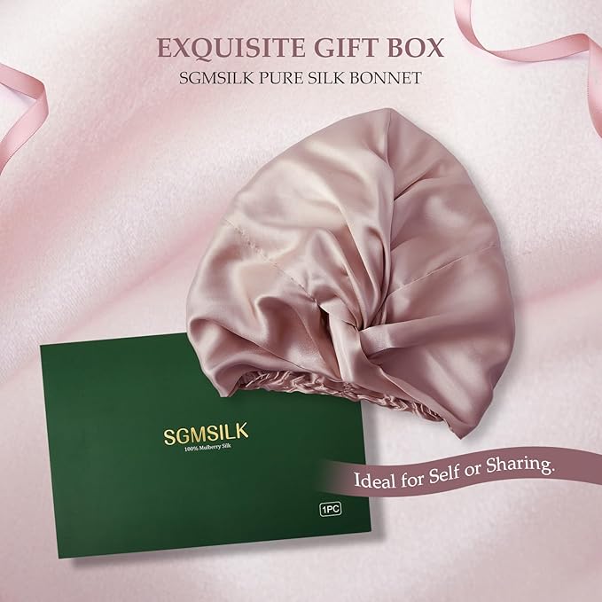 Silk Bonnet for Sleeping Women, 100% Mulberry Silk Sleep Cap with Elastic Band, Real Mulberry Shower Cap on Both Sides, Rose Pink