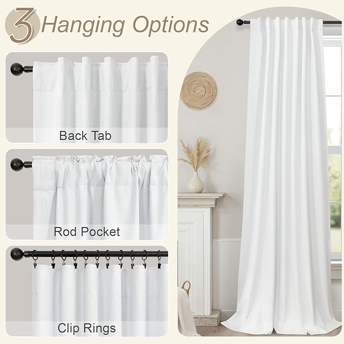 Black Out Curtains 63 Inch Long Small White Blackout Energy Saving Dining Room Darkening Curtain for Nursery Office Shabby Chic Faux Linen Kids Bedroom Curtains 63 Inch Length 2 Panels Back Tab Pocket