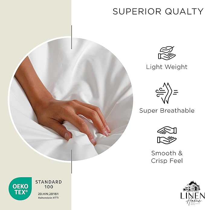 Linen Home 100% Cotton Percale Sheets Full Size, Cream, Deep Pocket, 4 Pieces Set - 1 Flat, 1 Deep Pocket Fitted Sheet and 2 Pillowcases, Crisp Cool and Strong Bed Linen