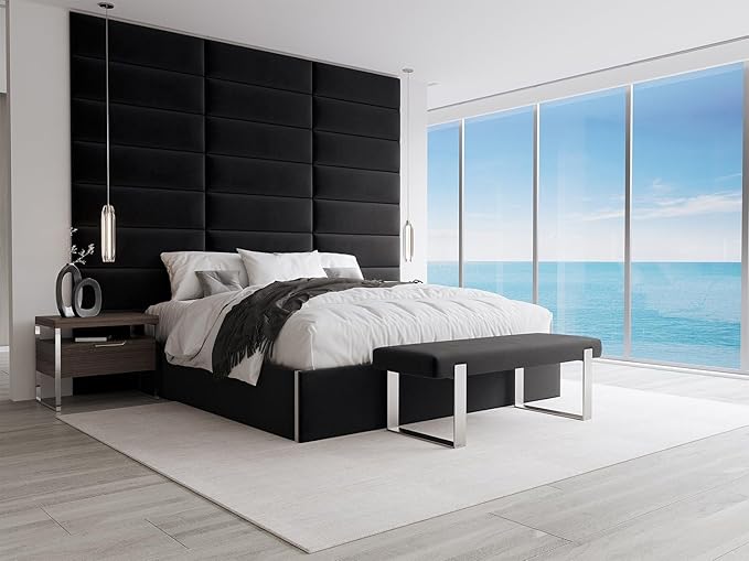 VANT Upholstered Bed Bench - Velvet Black - Burnished Brass - Contemporary Modern, Bedroom Bench Seat, Hallway, or Entryway