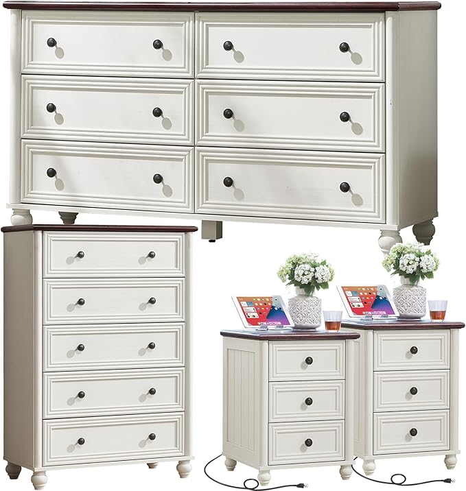 Farmhouse Dressers & Night Stand Set of 4, Wood 54" Wide Dresser & 45" Tall Chest of Drawers, 18" with Charging Station Nightstand Set of 2, Bedroom Furniture Dresser Set for Home Living Room Hallway