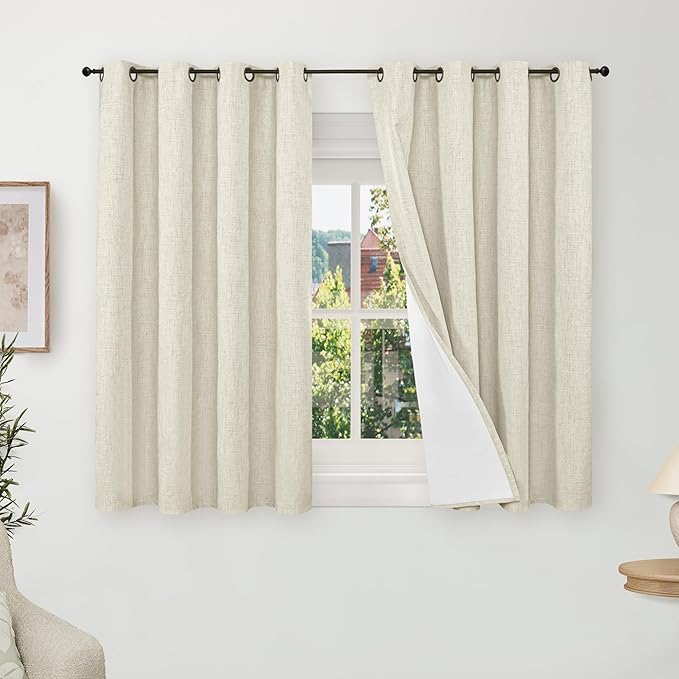 Short Blackout Curtains 45 Inch Length 2 Panels, Thermal Insulated Total Light Blocking Linen Window Curtains for Farmhouse Bedroom Basement, Bronze Grommet, Natural, Each 52" Wide