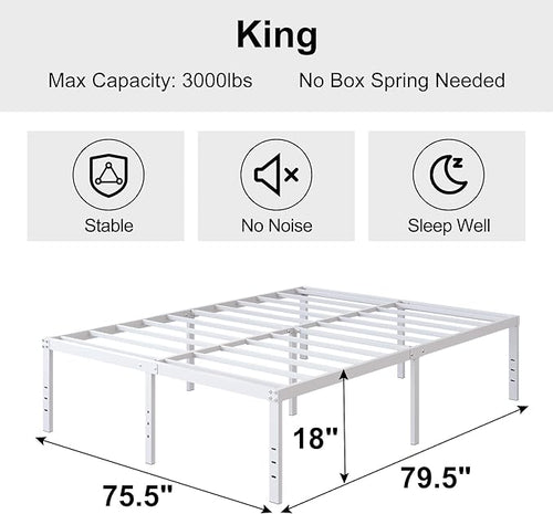 18 Inch King Bed Frame Heavy Duty Metal Platform No Box Spring Needed, Maximum Storage, Easy Assembly, Noise Free, White