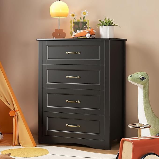 Gizoon Dresser for Bedroom with 4 Drawers Wooden Chest of Drawers for Closet Dresser Storage Unit Organizer for Hallway Living Room and Office, Black