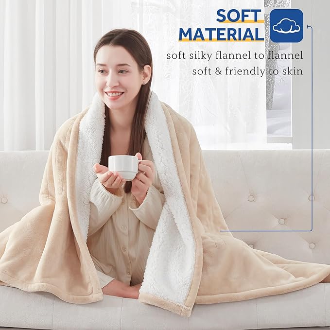SEALY Electric Blanket Twin Size, Flannel & Sherpa Heated Blanket with 10 Heating Levels & 1-12 Hours Auto Off, Machine Washable, Beige, 62x 84 Inch