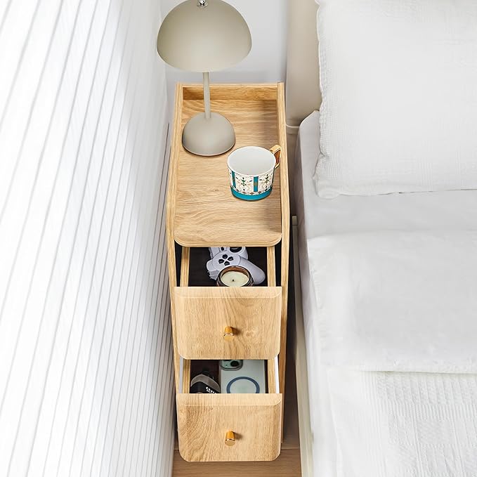 Small Nightstand Set of 2, Wood 2 Drawer Narrow Nightstand, Slim Side Table, Modern Skinny End Bedside Table, Natural Wood Night Stand with Drawers for Bedroom (Natural-2 pcs)