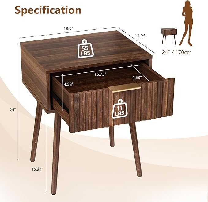 VINGLI Fluted Nightstand with Drawer, 19" W Mid Century Modern Nightstand for Bedroom, Bedside Table, End Tables Bedroom, Wood Night Stand, Walnut, 18.9" W*14.96" D*24" H